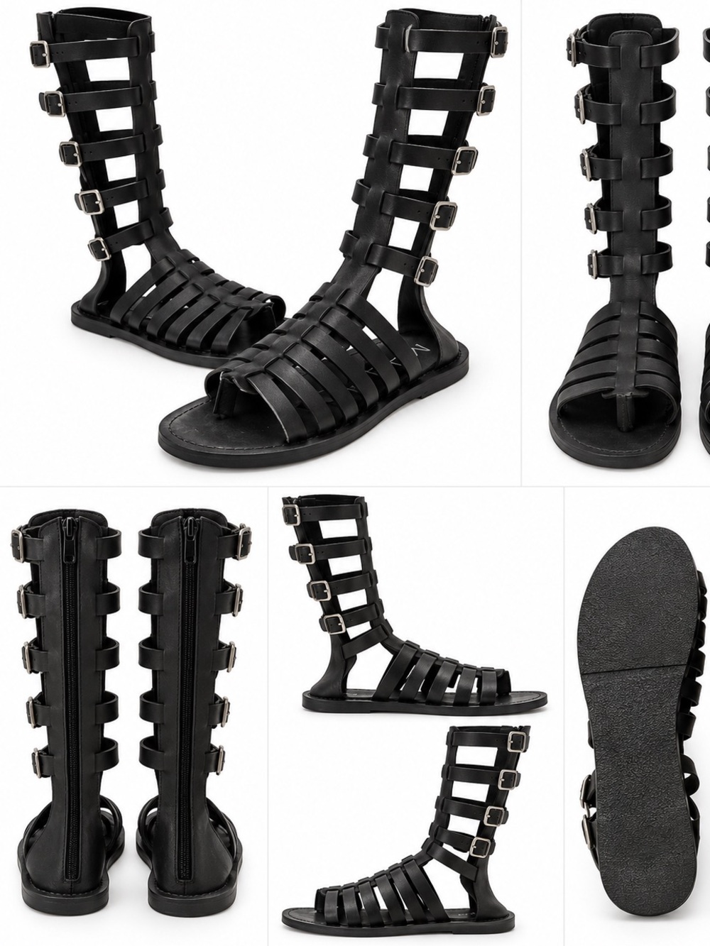 Black Leather Gladiator Knee-High Strappy Sandals